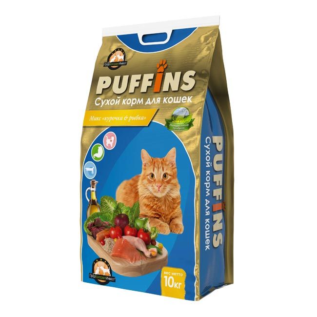 Сухой корм для кошек Puffins 10 кг. Вкусная курочка. Курочка и рыбка