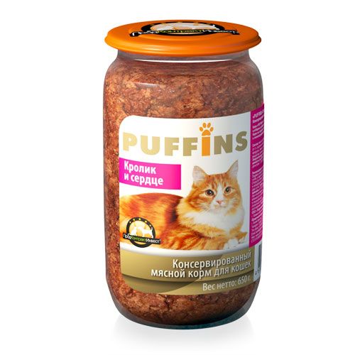 Консервированный корм для кошек Puffins 650 гр. Стеклянная банка кролик сердце