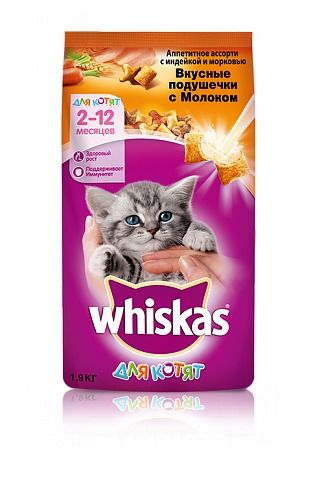 Сухой корм для котят Whiskas вкусные подушечки с индейкой и морковью