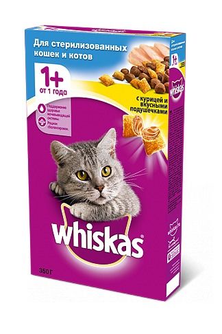 Сухой корм для стерилизованных кошек и котов Whiskas с курицей и вкусными подушечками фото