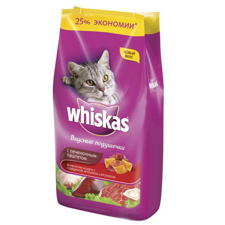 Сухой корм для кошек Whiskas Вкусные подушечки с нежным паштетом, аппетитное ассорти с говядиной, ягненком и кроликом 1,9 кг