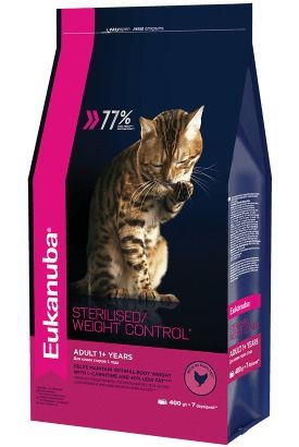 Сухой корм премиум класса Eukanuba для стирелизованных кошек с избыточным весом 1.5 кг