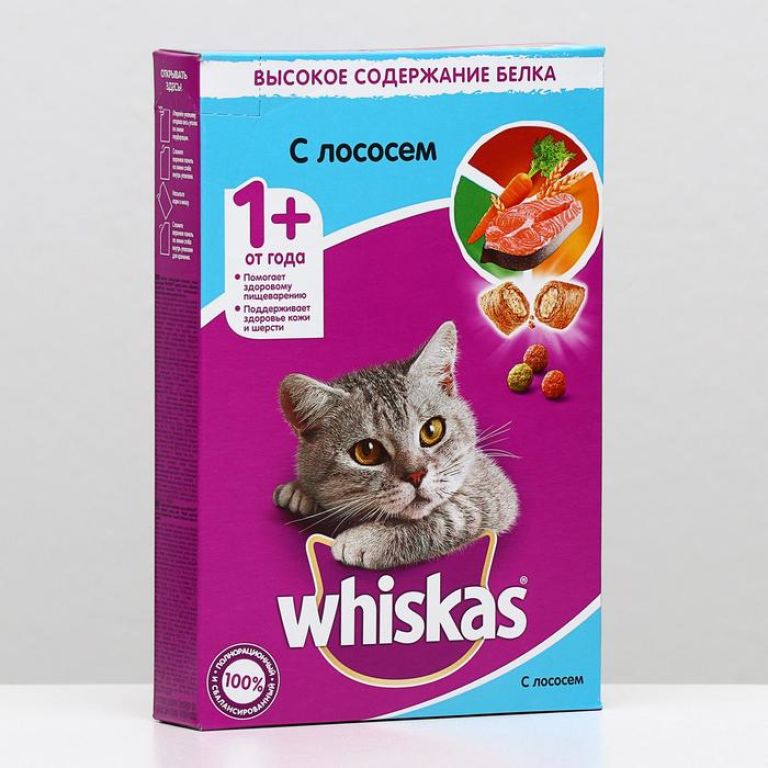Сухой корм Whiskas для кошек, лосось, подушечки, 350 г гипоаллергенный