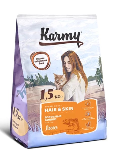 Сухой корм для взрослых кошек Karmy Hair & Skin с лососем для здоровья кожи и шерсти фото