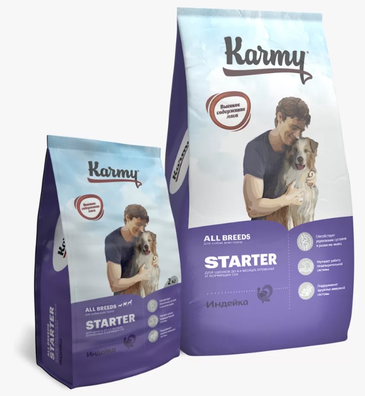Сухой корм для щенков до 4-х месяцев, беременных и кормящих сук Karmy Starter с индейкой