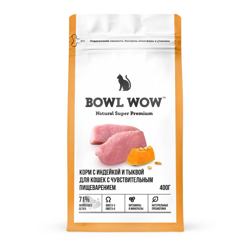 Сухой корм BOWL WOW с индейкой и тыквой для взрослых кошек с чувствительным пищеварением фото