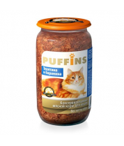 Консервированный корм для кошек Puffins 650 гр. стеклобанка телятина и баранина фото