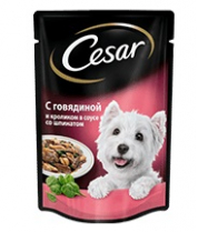 Влажный корм для собак Цезарь Говядина и кролик в соусе из шпината, 85 г фото